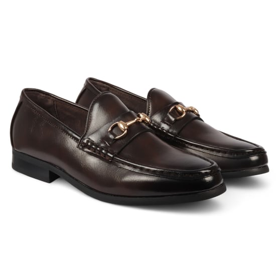 Mocasines marrones para hombre con hebilla dorada, zapatos elegantes sin cordones - Image 2
