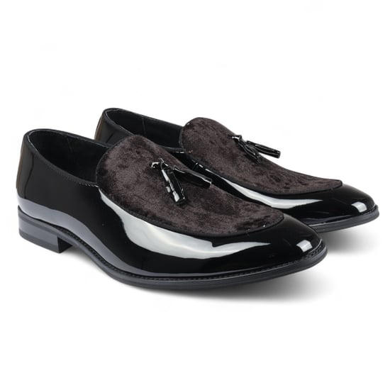 Mocasines de terciopelo negro con borlas para hombre, zapatos de vestir formales de charol - Image 2