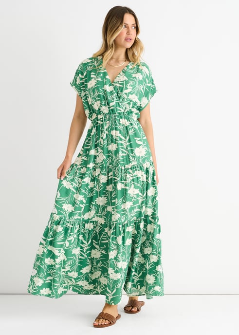 Vestido largo con cintura elástica y estampado floral verde - Image 3