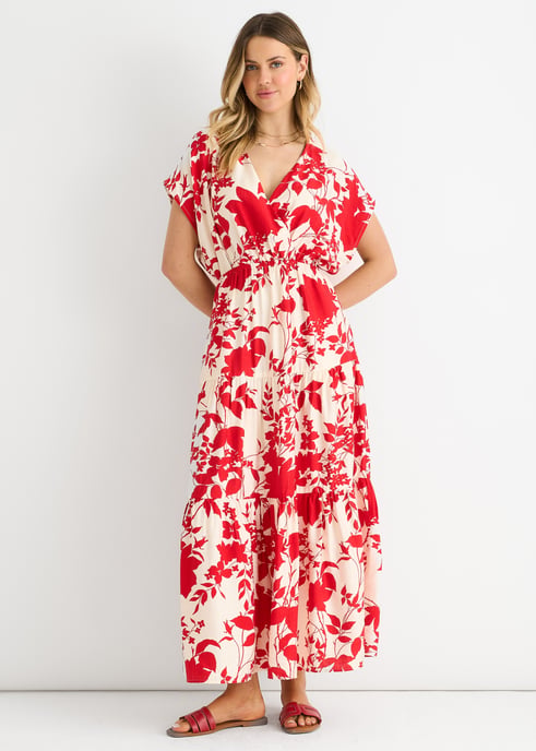 Vestido largo con cintura elástica y estampado floral rojo - Image 1
