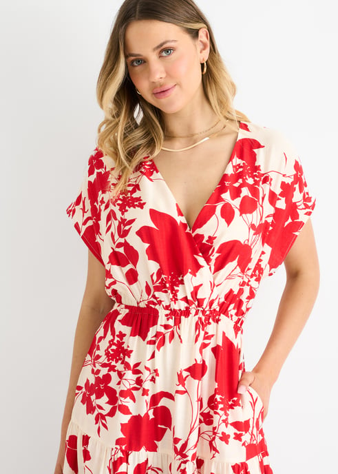 Vestido largo con cintura elástica y estampado floral rojo - Image 2