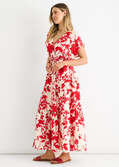 Vestido largo con cintura elástica y estampado floral rojo - Image 3