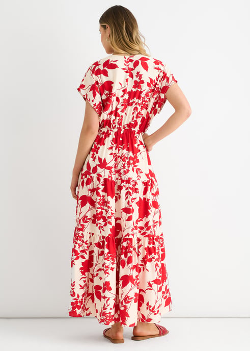 Vestido largo con cintura elástica y estampado floral rojo - Image 4
