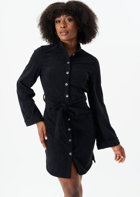 Vestido camisero de pana negro con cinturón y botones delanteros - Image 1