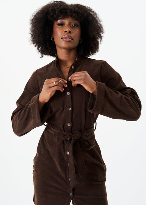 Vestido camisero de pana marrón con botones delanteros y cinturón - Image 2