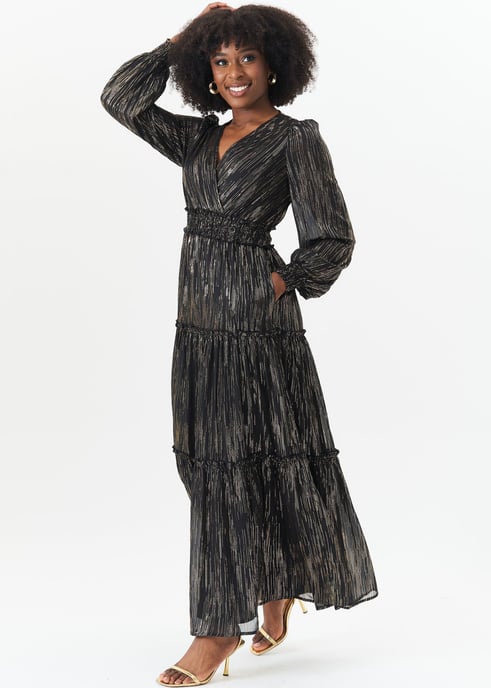 Maxivestido de gasa de lurex negro con tiras para ocasiones - Image 3