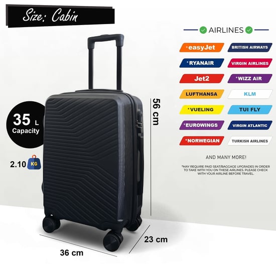 Maleta de cabina rígida negra de 48 x 37 x 20 cm, segura, apta para Easyjet y Ryanair. - Image 2