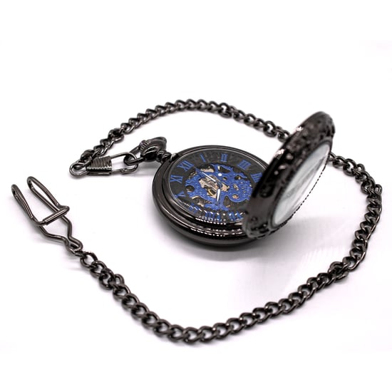 Reloj de bolsillo vintage de aleación mecánica negra con esqueleto y estilo medio cazador - Image 2