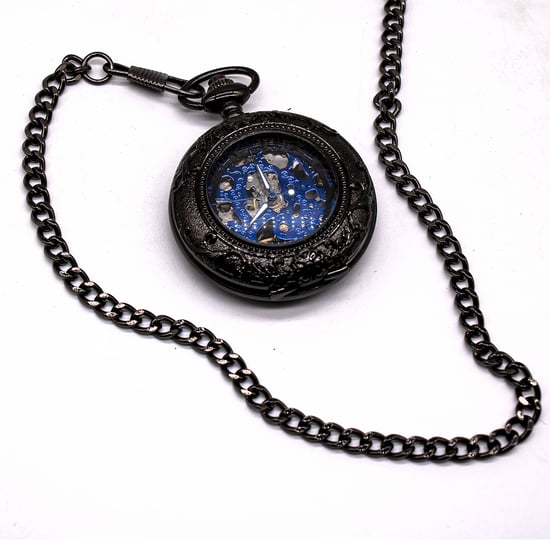 Reloj de bolsillo vintage de aleación mecánica negra con esqueleto y estilo medio cazador - Image 3