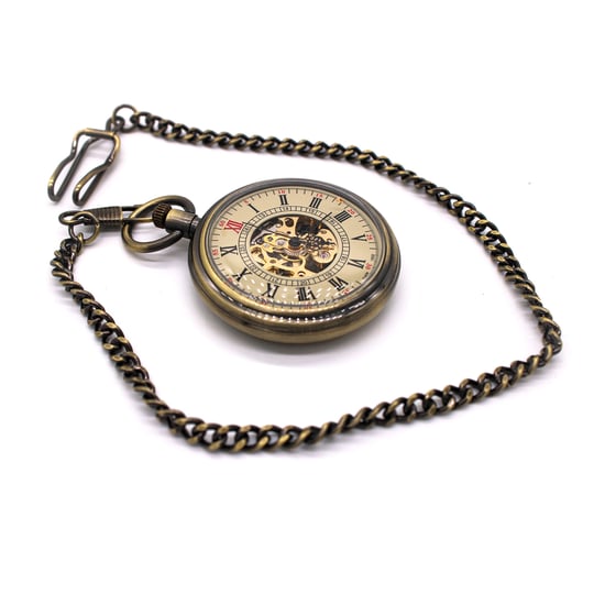 Reloj de bolsillo antiguo con esqueleto mecánico de bronce y cara abierta - Image 2