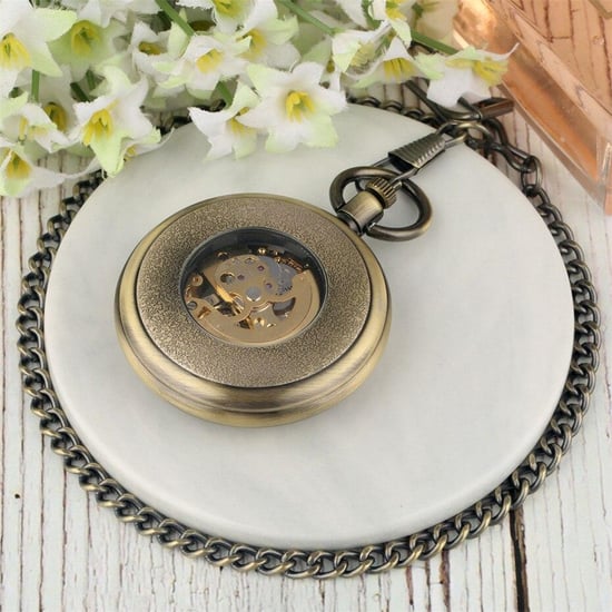 Reloj de bolsillo antiguo con esqueleto mecánico de bronce y cara abierta - Image 5