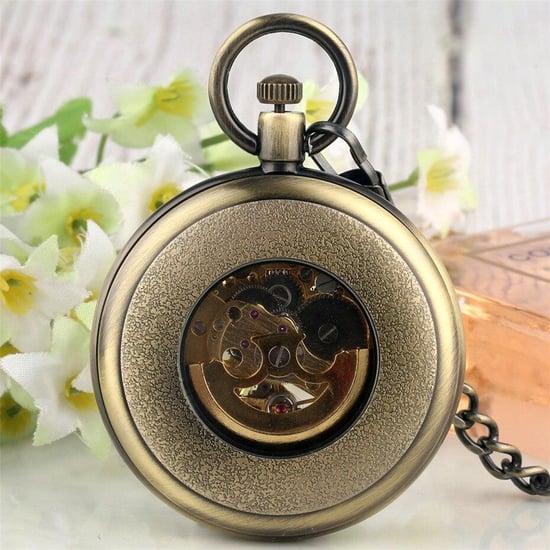 Reloj de bolsillo antiguo con esqueleto mecánico de bronce y cara abierta - Image 6
