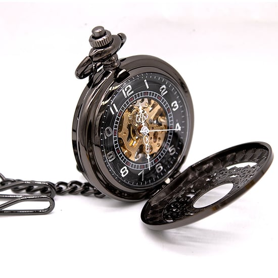 Reloj de bolsillo antiguo de aleación negra de latón con esqueleto y estilo medio cazador - Image 2