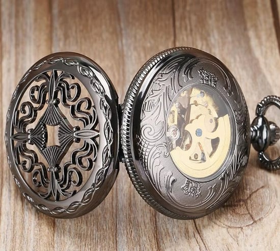 Reloj de bolsillo antiguo de aleación negra de latón con esqueleto y estilo medio cazador - Image 3