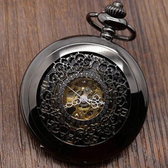 Reloj de bolsillo antiguo de aleación negra de latón con esqueleto y estilo medio cazador - Image 4