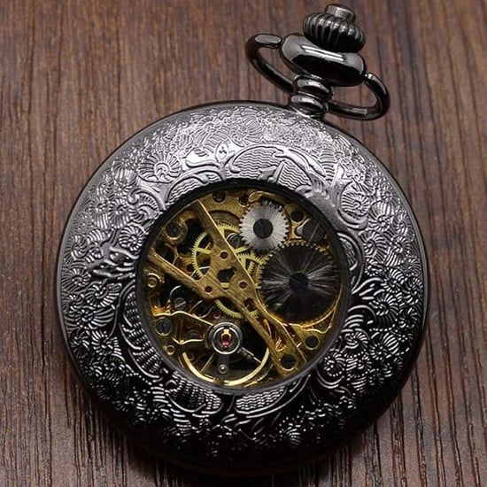 Reloj de bolsillo antiguo de aleación negra de latón con esqueleto y estilo medio cazador - Image 5