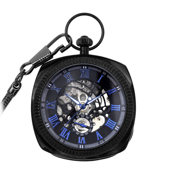 Reloj de bolsillo mecánico vintage azul y negro con esqueleto cuadrado y esfera abierta - Image 1