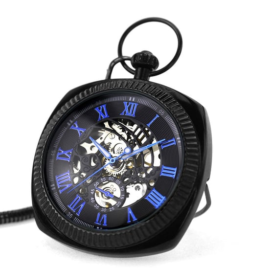 Reloj de bolsillo mecánico vintage azul y negro con esqueleto cuadrado y esfera abierta - Image 4