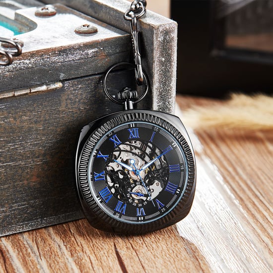 Reloj de bolsillo mecánico vintage azul y negro con esqueleto cuadrado y esfera abierta - Image 5