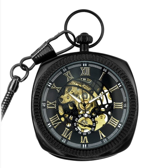 Reloj de bolsillo mecánico vintage de oro negro con esqueleto cuadrado y esfera abierta - Image 1