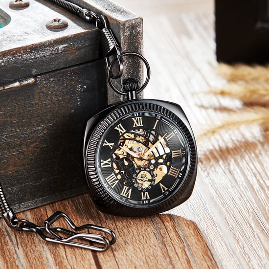 Reloj de bolsillo mecánico vintage de oro negro con esqueleto cuadrado y esfera abierta - Image 5