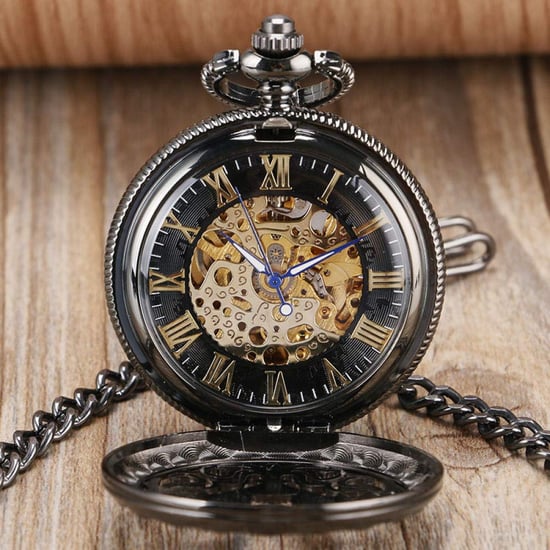 Reloj de bolsillo vintage de latón con esqueleto mecánico negro - Image 5