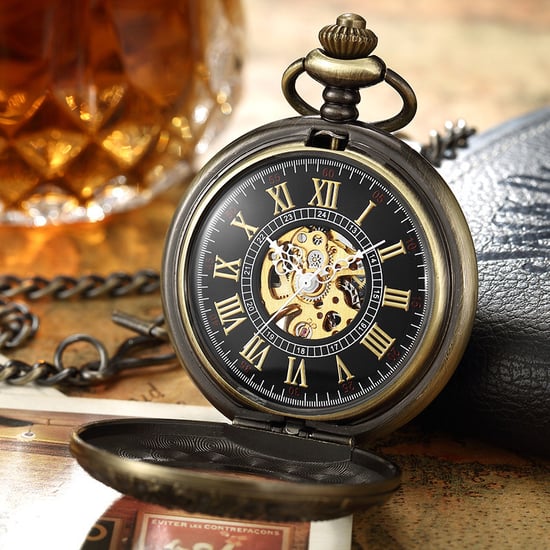 Reloj de bolsillo vintage de bronce, mecánico, de aleación, con esqueleto y estilo medio cazador. - Image 4