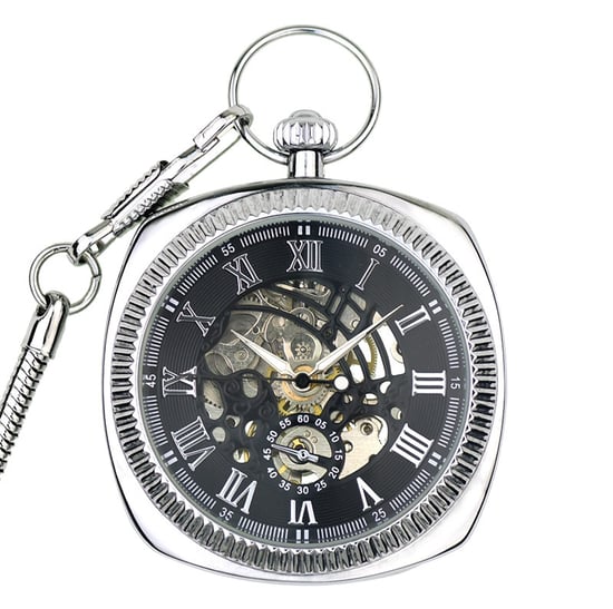 Reloj de bolsillo mecánico vintage de plata con esqueleto cuadrado y esfera abierta - Image 1