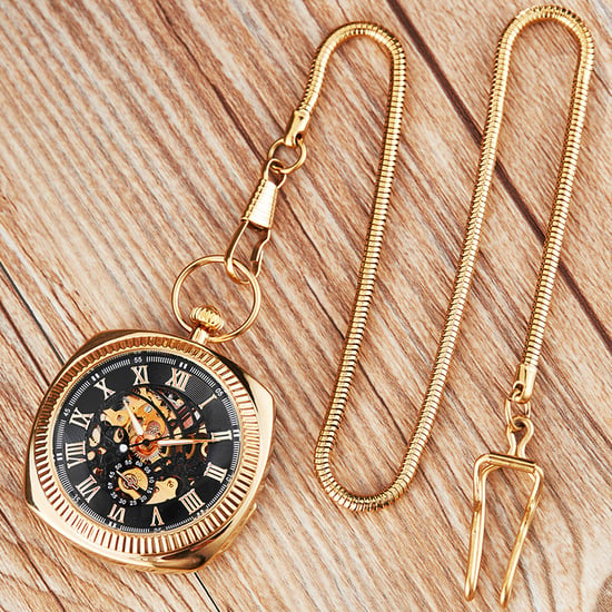 Reloj de bolsillo mecánico dorado vintage con esqueleto cuadrado y esfera abierta - Image 2
