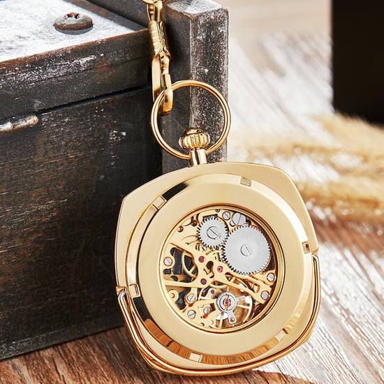 Reloj de bolsillo mecánico dorado vintage con esqueleto cuadrado y esfera abierta - Image 3