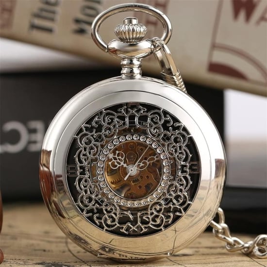Reloj de bolsillo antiguo de aleación de plata y latón con esqueleto y estilo medio cazador - Image 4