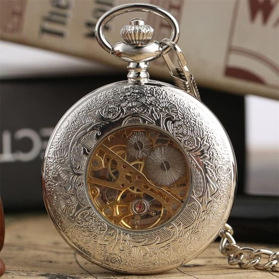 Reloj de bolsillo antiguo de aleación de plata y latón con esqueleto y estilo medio cazador - Image 5