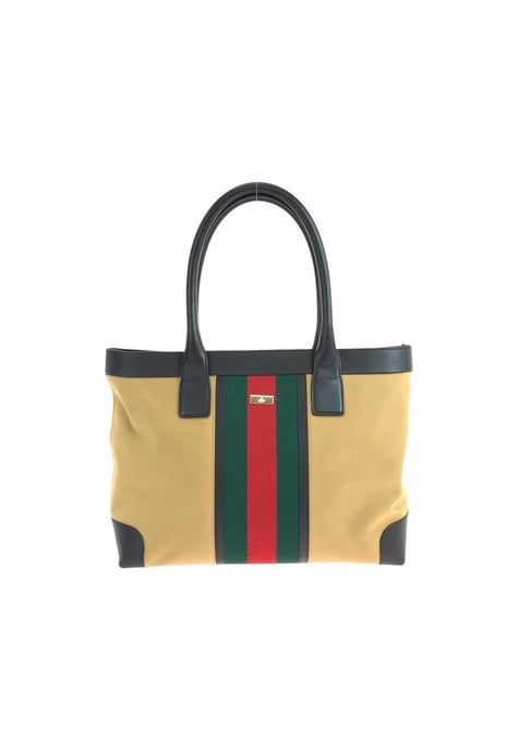 Bolso Tote De Lona Con Acento A Rayas De Segunda Mano Con Ribete Y Asa De Cuero - Image 1