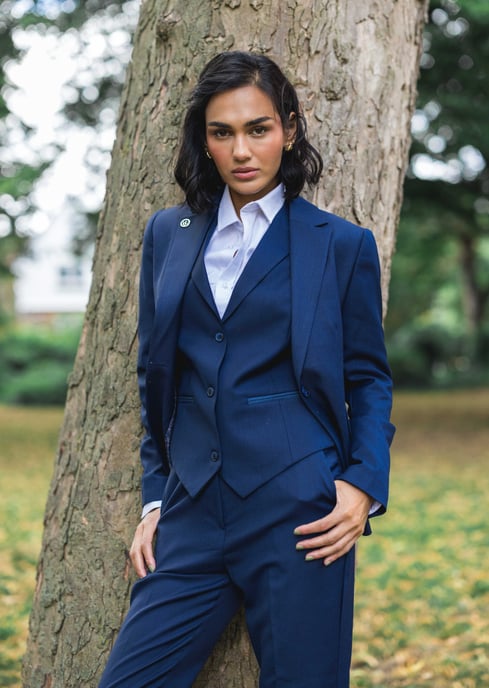 Traje formal de oficina de 3 piezas entallado para mujer, color azul marino liso - Image 2