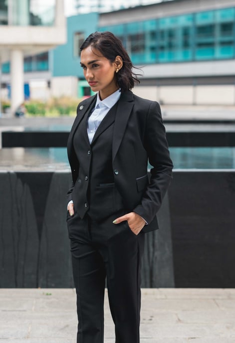 Traje formal de oficina de 3 piezas entallado para mujer, liso, negro - Image 2