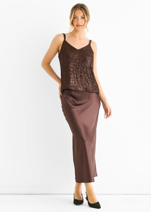 Top de tirantes con lentejuelas en color chocolate y escote en V - Image 1