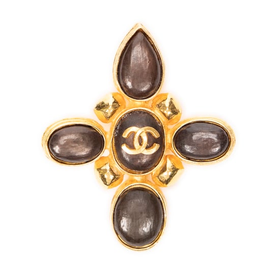 Chanel CC Stone Cross Brooch en Oro/Marrón Acero inoxidable sin níquel - Image 2