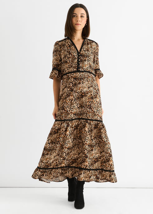 Vestido midi de capas con estampado animal marrón y encaje - Image 1