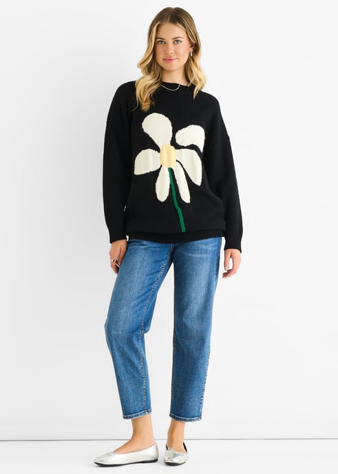 Jersey largo oversize de punto con estampado floral en negro - Image 1