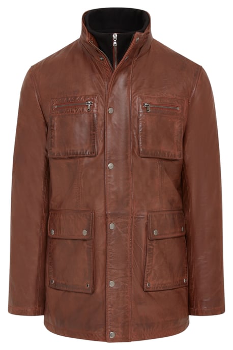 Chaqueta militar de cuero marrón para hombre - Abrigo de campo - Image 1