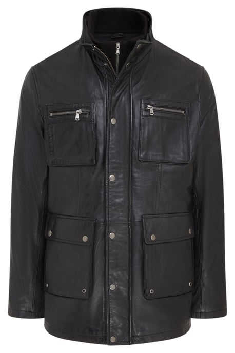 Chaqueta militar de cuero negro para hombre - Abrigo de campo - Image 1