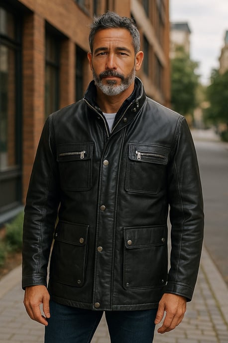 Chaqueta militar de cuero negro para hombre - Abrigo de campo - Image 1