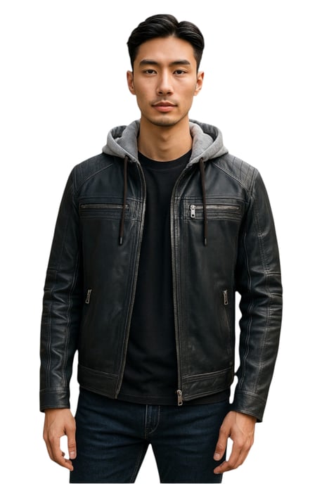 Chaqueta motera de piel de cordero con capucha azul para hombre - Ingham - Image 1