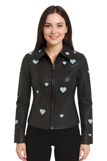 Chaqueta motera de cuero negra con corazones para mujer - Malta - Image 1