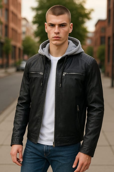 Chaqueta motera de piel de cordero con capucha azul para hombre - Kingston - Image 1