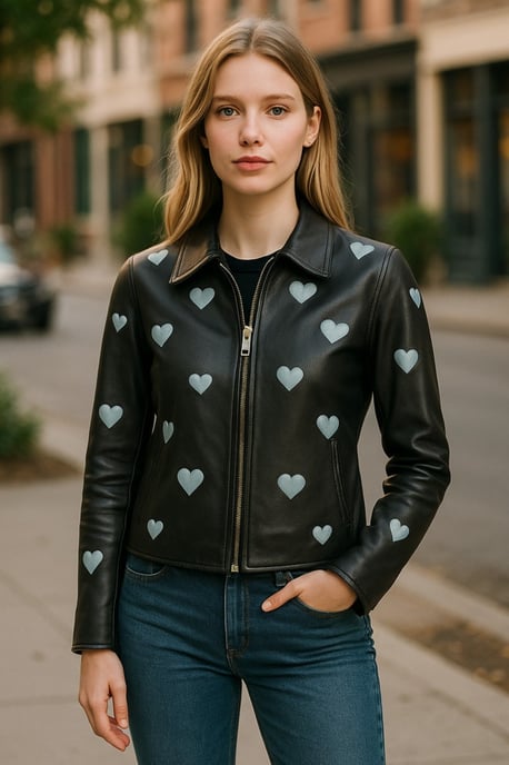 Chaqueta biker de cuero negra con corazones para mujer - Renmark - Image 1