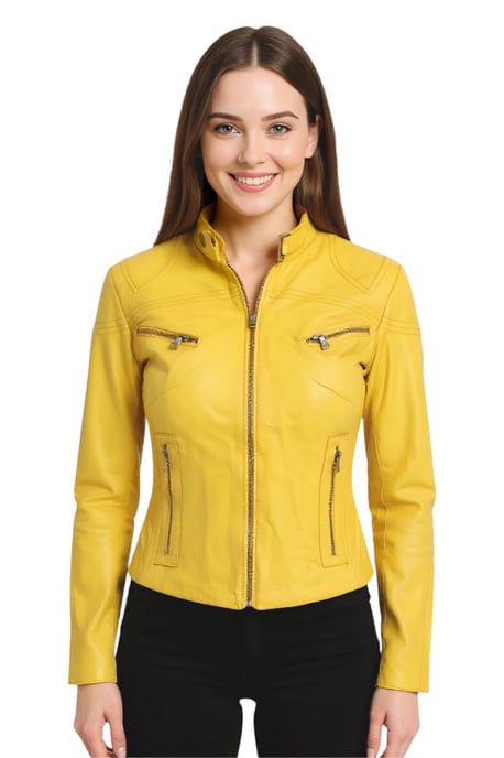 Chaqueta motera de cuero ajustada informal amarilla para mujer - Tulsa - Image 1