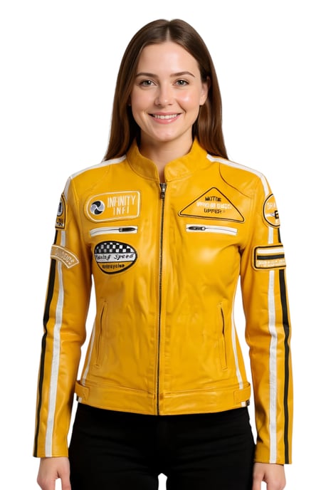 Chaqueta de motociclista de cuero amarillo para mujer con insignias de carreras - Dalby - Image 1