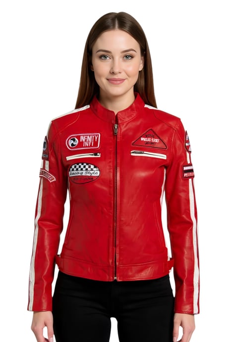 Chaqueta de motociclista de cuero rojo para mujer con insignias de carreras - Dalby - Image 1