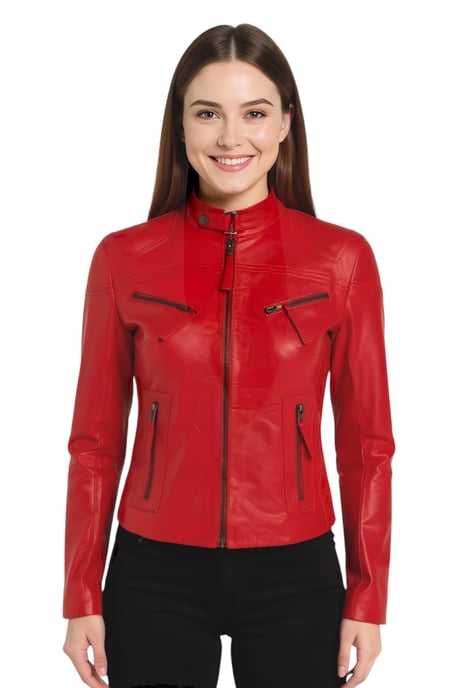 Chaqueta de motociclista de cuero roja informal y ajustada para mujer - Tulsa - Image 1